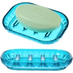 2 Pack Clear Soap Dish Holder, Bathroom Shower Bar Soap Dishes Sponge Holder Dish Soap Tray Plastic Kitchen Sink Organizer with Raised Ridges for Gym School Home Counter(Blue)