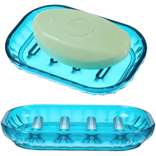 2 Pack Clear Soap Dish Holder, Bathroom Shower Bar Soap Dishes Sponge Holder Dish Soap Tray Plastic Kitchen Sink Organizer with Raised Ridges for Gym School Home Counter(Blue)