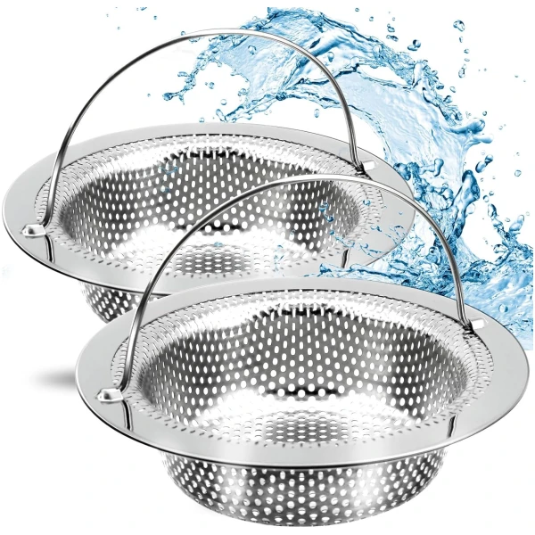 2 Pack Kitchen Sink Drain Strainer with Handle, Stainless Steel Large Kitchen Sink Drain Basket Food Catcher, 4.5 inch Diameter, Rust Free