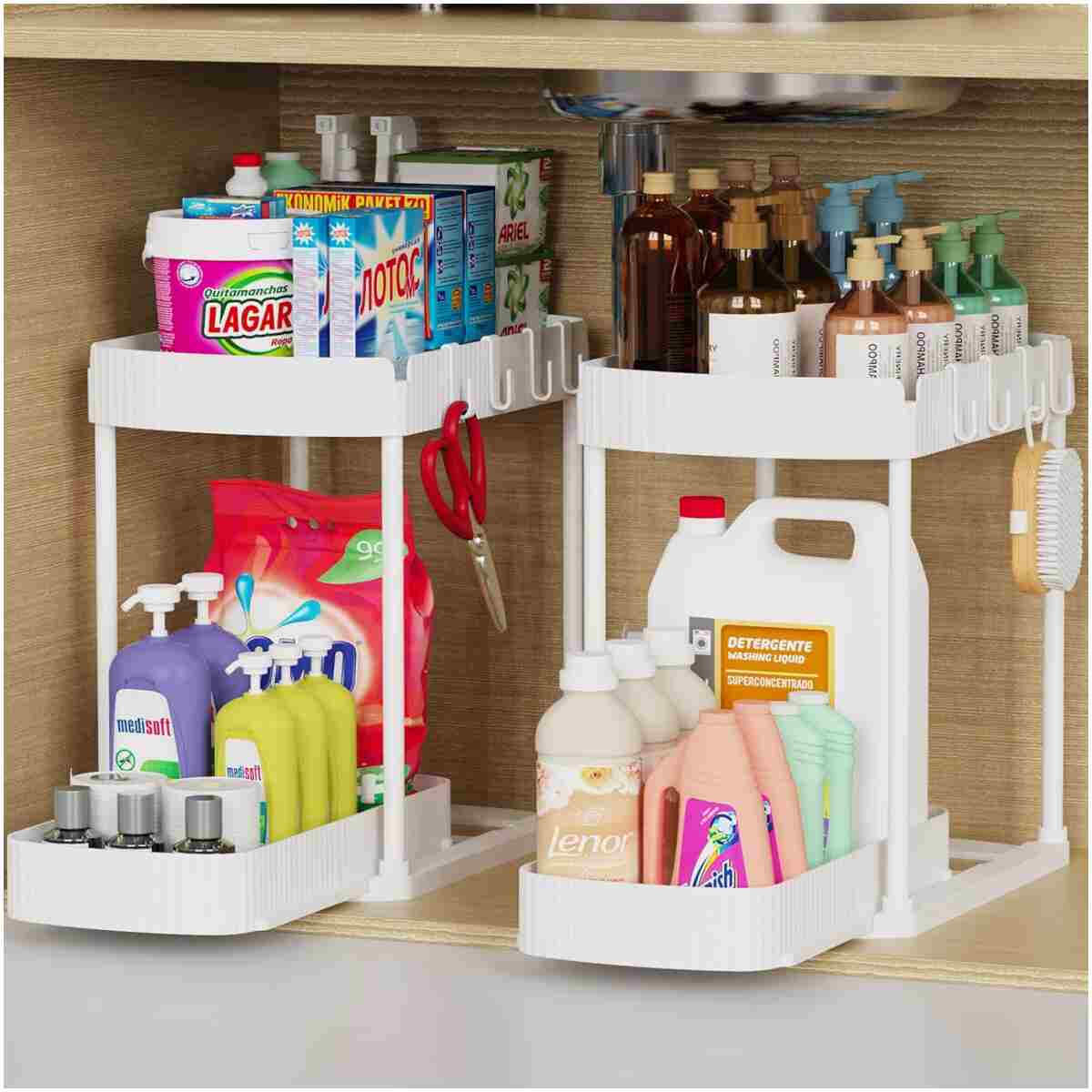 2 Pack Multi-Purpose Pull-Out Storage Organizers, Under Sink & Cabinet Storage, 12.8 Inch, White