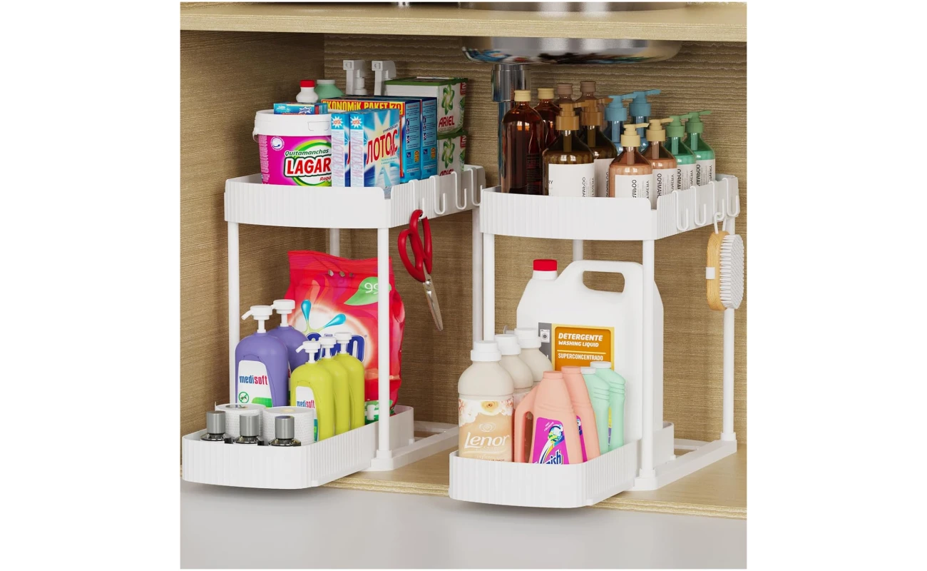 2 Pack Multi-Purpose Pull-Out Storage Organizers, Under Sink & Cabinet Storage, 12.8 Inch, White