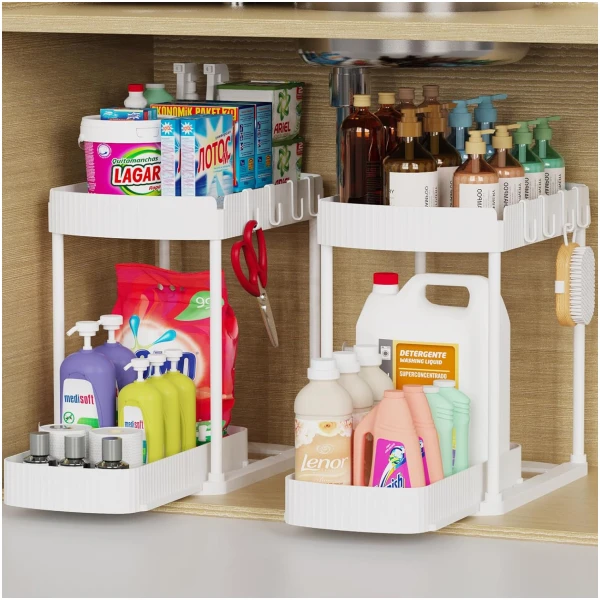 2 Pack Multi-Purpose Pull-Out Storage Organizers, Under Sink & Cabinet Storage, 12.8 Inch, White