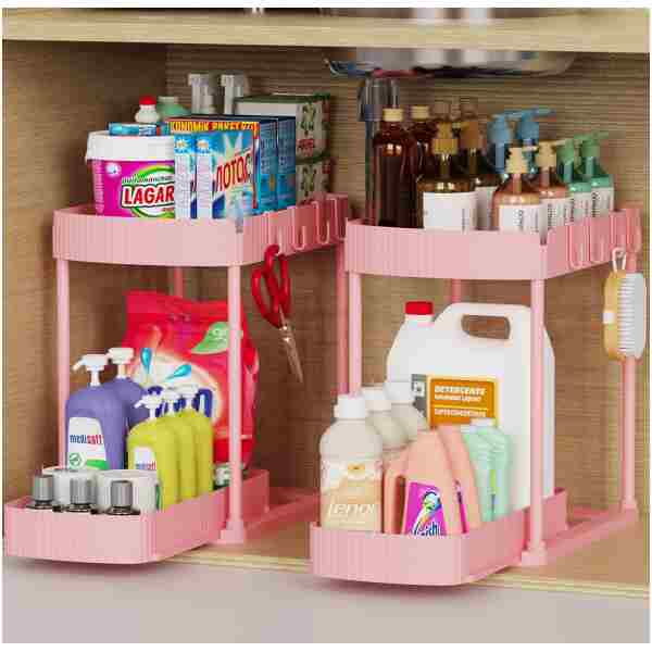 2 Pack Multi-Purpose Pull-Out Storage Organizers, Under Sink & Cabinet Organizers, 12.8 Inch Pink