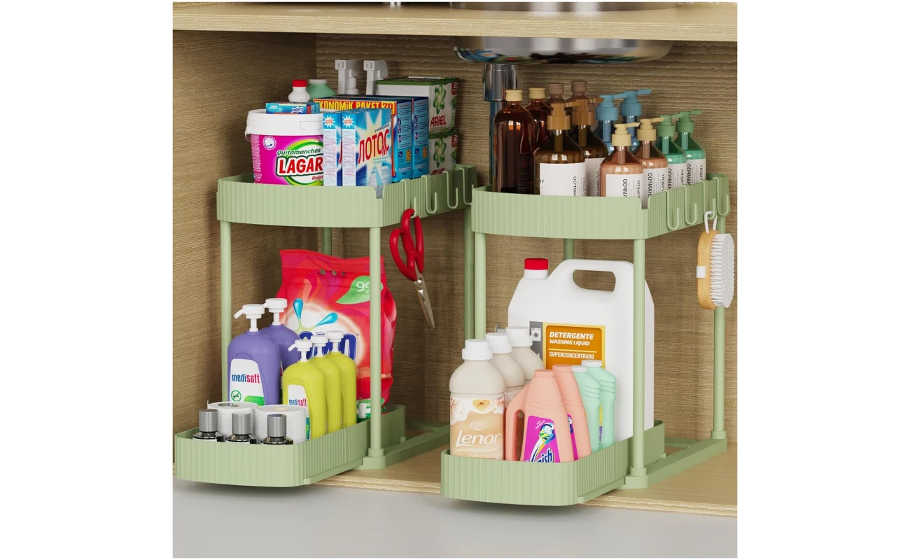 2 Pack Multi-Purpose Pull-Out Storage Organizers, Under Sink Organizers and Storage for Bathroom & Kitchen, Under Cabinet Organizers and storage, 12.8 Inch, Green