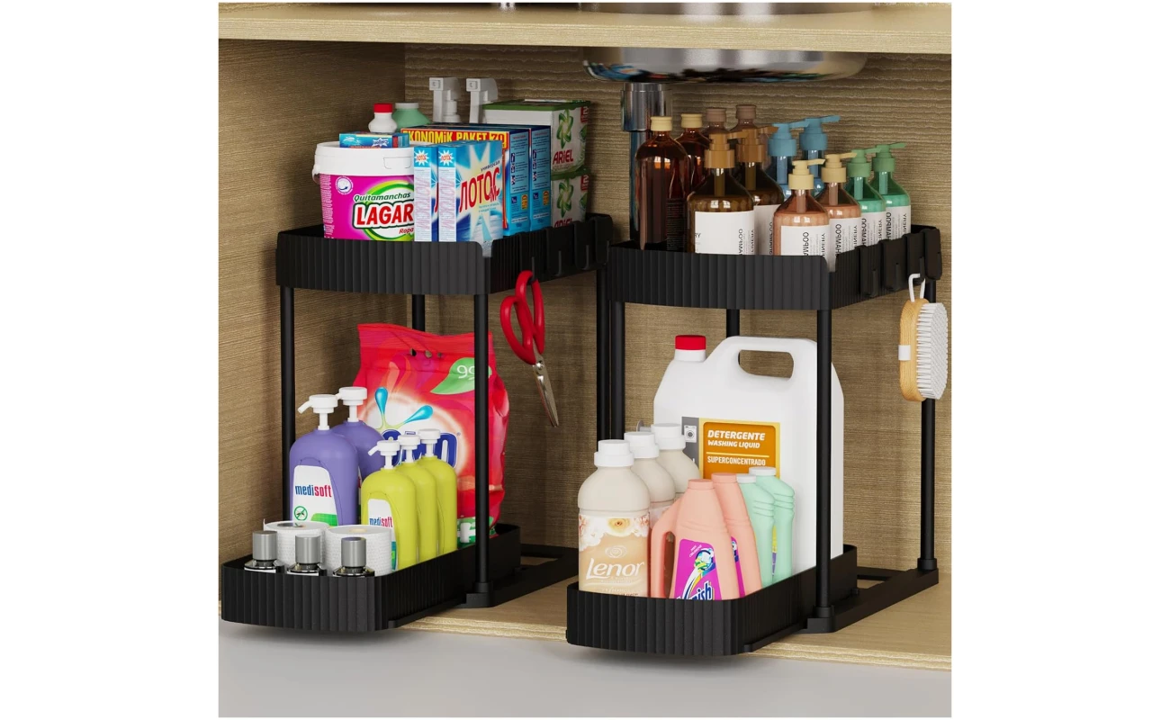 2 Pack Multi-Purpose Pull-Out Storage Organizers, Under Sink Organizers and Storage for Bathroom & Kitchen, Under Cabinet Organizers and storage, 12.8 Inch, Black