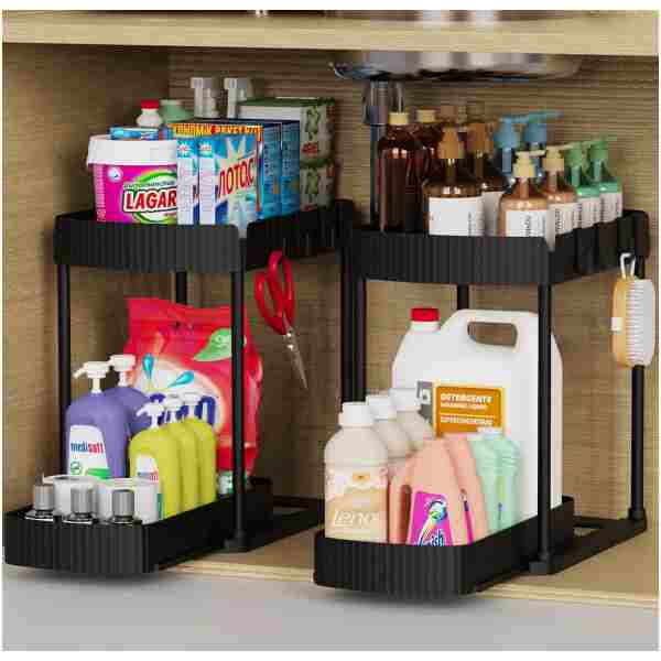2 Pack Multi-Purpose Pull-Out Storage Organizers, Under Sink Organizers and Storage for Bathroom & Kitchen, Under Cabinet Organizers and storage, 12.8 Inch, Black
