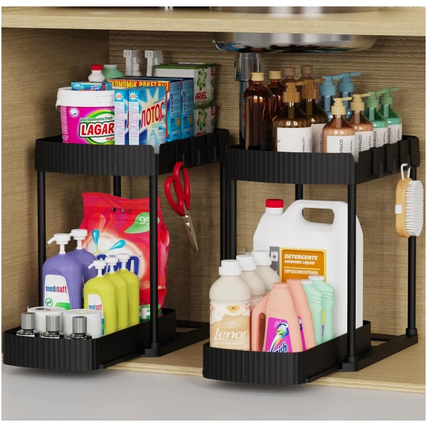 2 Pack Multi-Purpose Pull-Out Storage Organizers, Under Sink Organizers and Storage for Bathroom & Kitchen, Under Cabinet Organizers and storage, 12.8 Inch, Black
