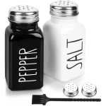2 Pack Salt and Pepper Shakers Set, Glass Shaker with Stainless Steel Lid, Modern and Cute Farmhouse (Black and White)