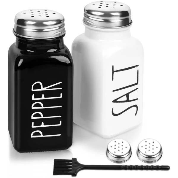 2 Pack Salt and Pepper Shakers Set, Glass Shaker with Stainless Steel Lid, Modern and Cute Farmhouse (Black and White)