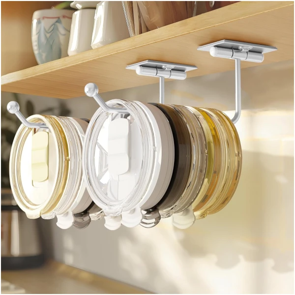 2-Pack Tumbler Lid Organizer: Silver Self-Adhesive Magnetic Tumbler Lid Holder for Kitchen Organization & Storage. Space-Saving Cup Lid Storage Hook for Stanley/Simple...