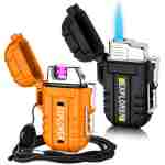 2 Pack Waterproof Lighter for Outdoor, Windproof Torch Lighter, Dual Arc Butane Electric Lighter, USB Rechargeable, Flameless Plasma Lighter for Camping Hiking Adventure...