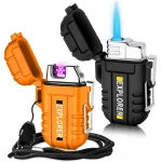2 Pack Waterproof Lighter for Outdoor, Windproof Torch Lighter, Dual Arc Butane Electric Lighter, USB Rechargeable, Flameless Plasma Lighter for Camping Hiking Adventure...