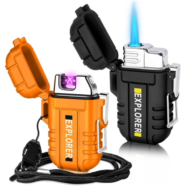 2 Pack Waterproof Lighter for Outdoor, Windproof Torch Lighter, Dual Arc Butane Electric Lighter, USB Rechargeable, Flameless Plasma Lighter for Camping Hiking Adventure...