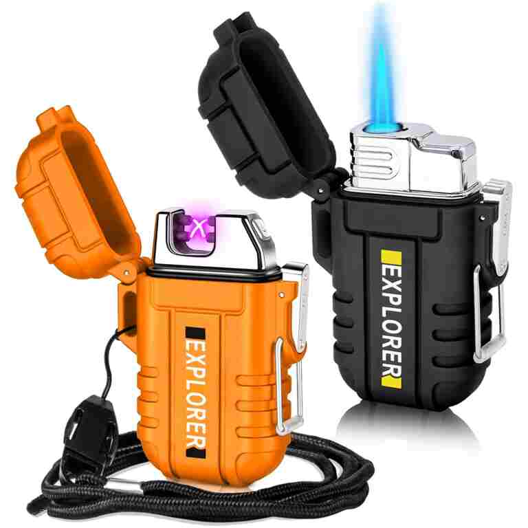 2 Pack Waterproof Lighter for Outdoor, Windproof Torch Lighter, Dual Arc Butane Electric Lighter, USB Rechargeable, Flameless Plasma Lighter for Camping Hiking Adventure...