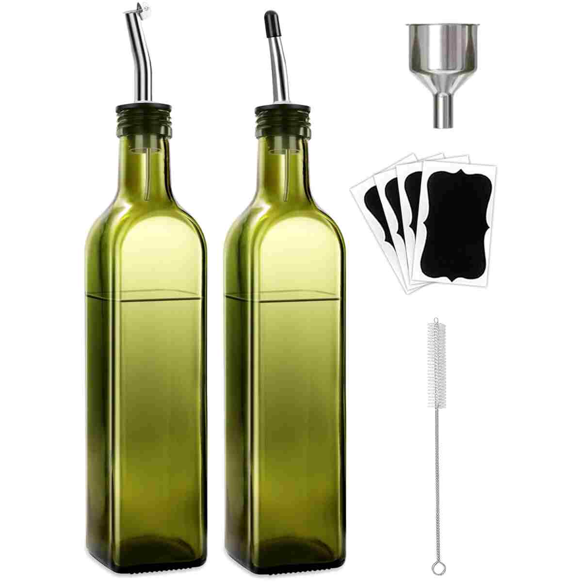 2 Pcs Green Glass Olive Oil Dispenser and Vinegar Dispenser Set with 2 Stainless Steel Pourers, 4 Labels, 1 Brush, 1 Funnel (500ml) for Kitchen, Cooking, Salad Dressing,...