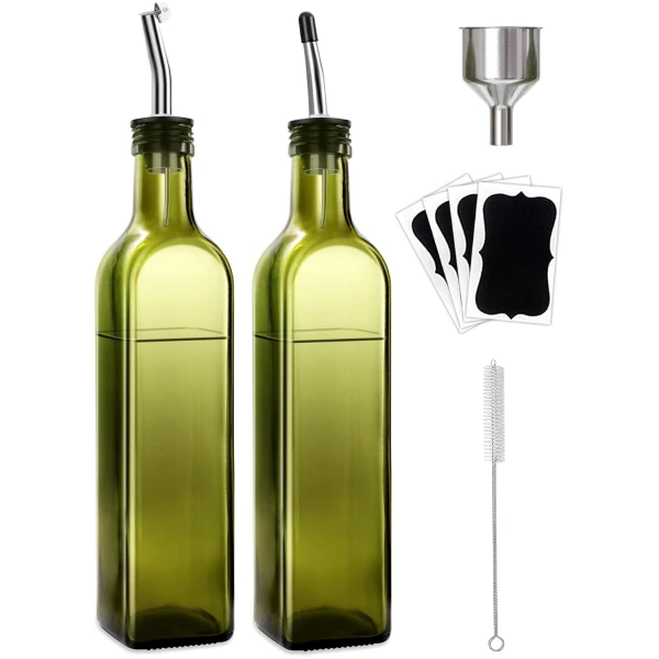2 Pcs Green Glass Olive Oil Dispenser and Vinegar Dispenser Set with 2 Stainless Steel Pourers, 4 Labels, 1 Brush, 1 Funnel (500ml) for Kitchen, Cooking, Salad Dressing,...