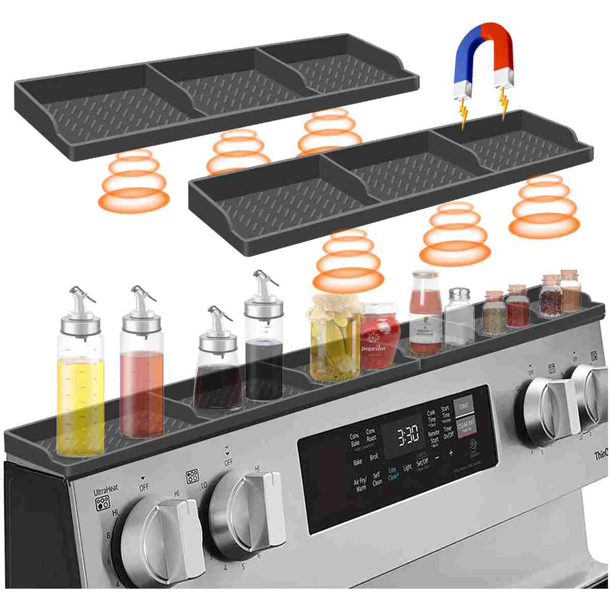 30 Inch Magnetic Spice Rack Above Stove - Silicone Shelf Organizer Suctioned to Back of Stove for Storage - Dark Grey
