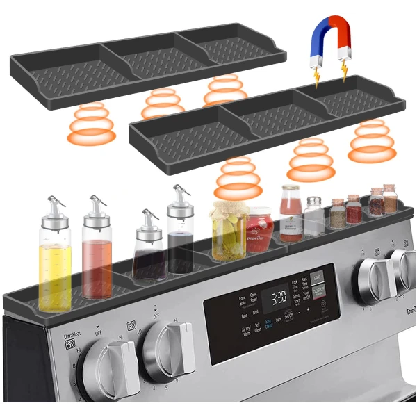 30 Inch Magnetic Spice Rack Above Stove - Silicone Shelf Organizer Suctioned to Back of Stove for Storage - Dark Grey
