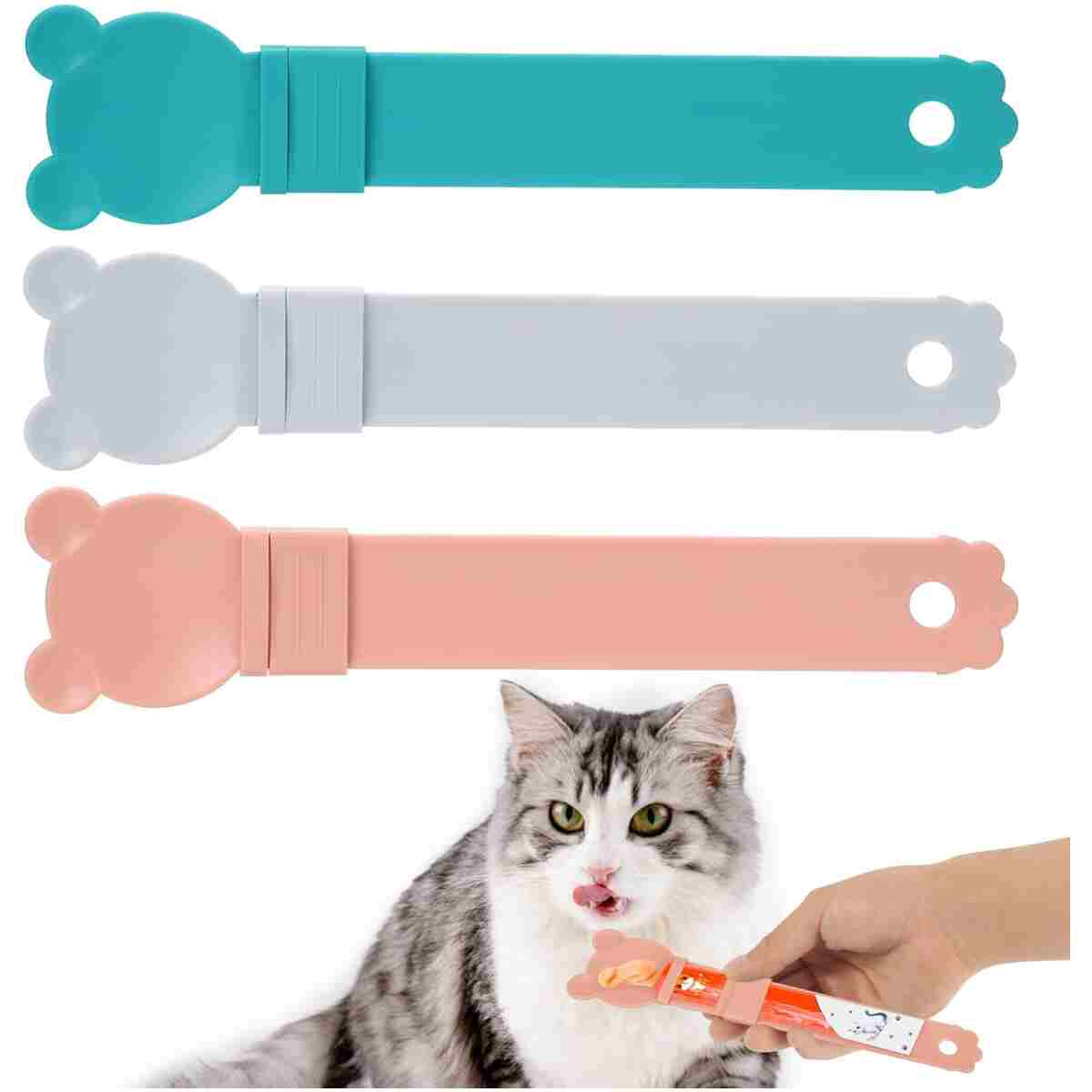 3pcs Cat Strip Squeeze Feeders, Cartoon Cute Cat Food Feeder Intelligent Kitten Lickable Snack Happy Spoon Multi-Functional Pet Puree Spoon Innovative Wet Treat Dispenser for...