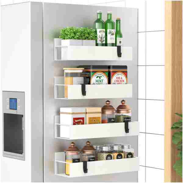 4 Pack Magnetic Spice Storage Rack Organizer for Refrigerator and Oven, Cream White Fridge Organizers and Storage