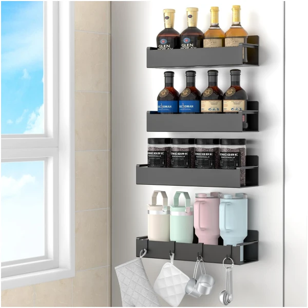 4 Pack Magnetic Spice Storage Rack Organizer for Refrigerator and Oven, Jet Black Fridge Organizers and Storage