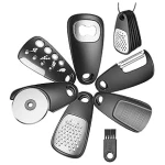 6-Piece Stainless Steel Kitchen Gadgets Set – Cheese Grater, Peeler, Pizza Cutter, Bottle Opener, Garlic Grinder – Compact Camping and RV Kitchen Accessories (Black)