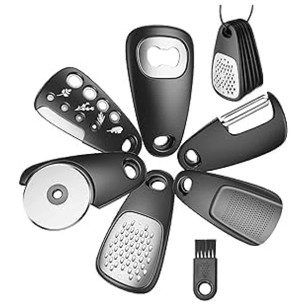 6-Piece Stainless Steel Kitchen Gadgets Set – Cheese Grater, Peeler, Pizza Cutter, Bottle Opener, Garlic Grinder – Compact Camping and RV Kitchen Accessories (Black)