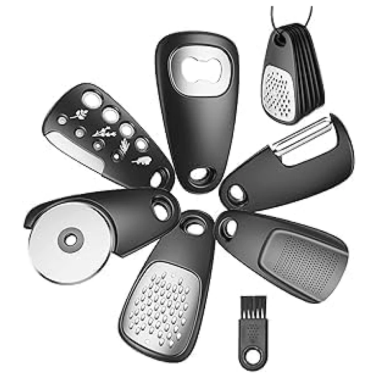 6-Piece Stainless Steel Kitchen Gadgets Set – Cheese Grater, Peeler, Pizza Cutter, Bottle Opener, Garlic Grinder – Compact Camping and RV Kitchen Accessories (Black)