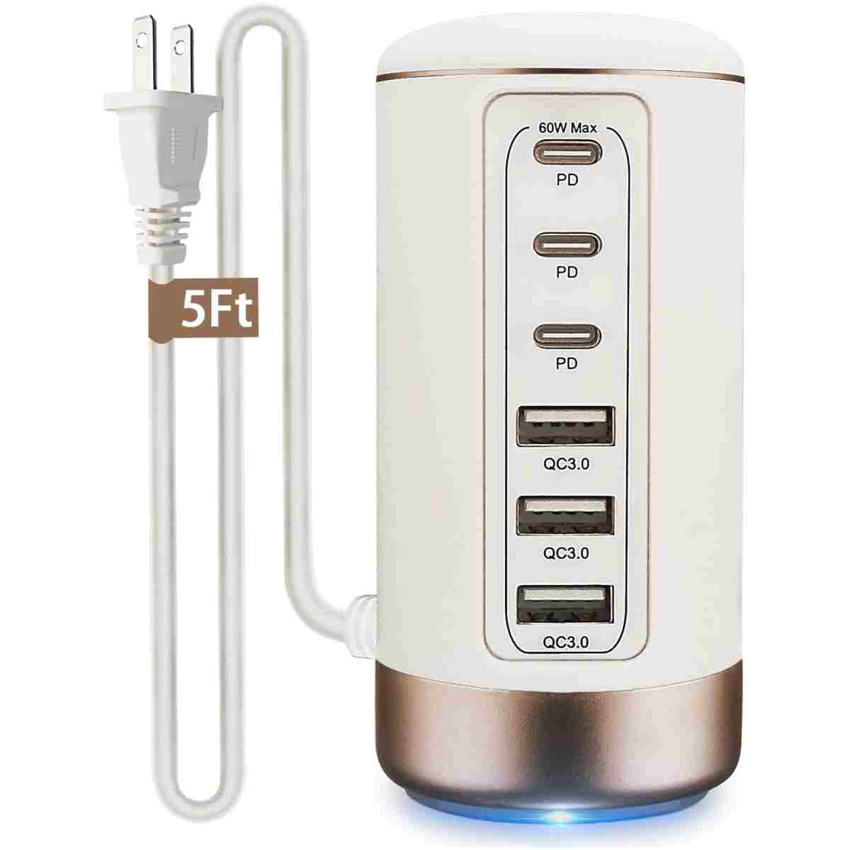 60W USB-C Charging Station for Multiple Devices, Universal 20W USB-C & 18W USB Charging Hub, Smart IC Identification Technology Charging Tower for iPhone iPad Tablets...