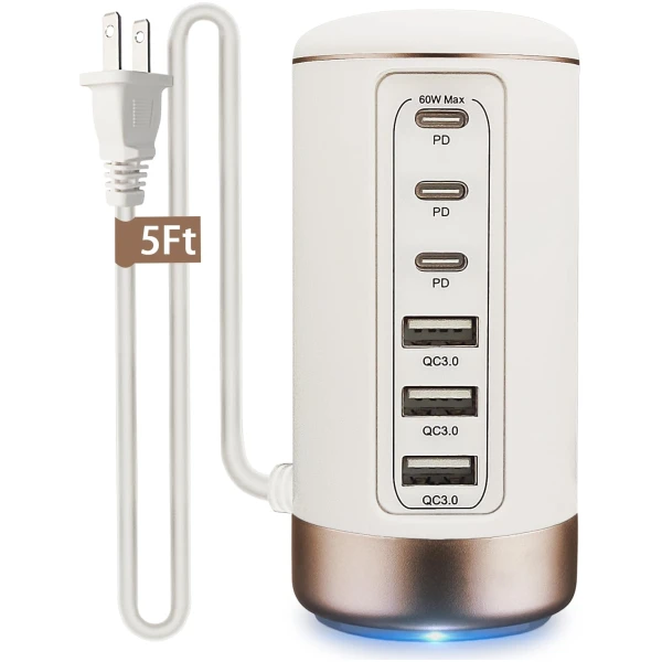 60W USB-C Charging Station for Multiple Devices, Universal 20W USB-C & 18W USB Charging Hub, Smart IC Identification Technology Charging Tower for iPhone iPad Tablets...
