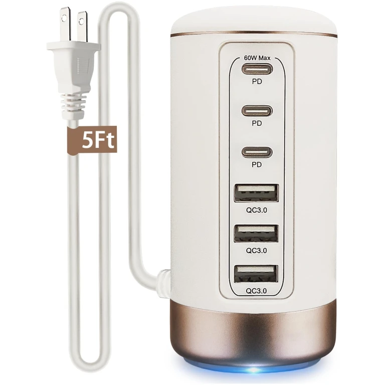 60W USB-C Charging Station for Multiple Devices, Universal 20W USB-C & 18W USB Charging Hub, Smart IC Identification Technology Charging Tower for iPhone iPad Tablets...