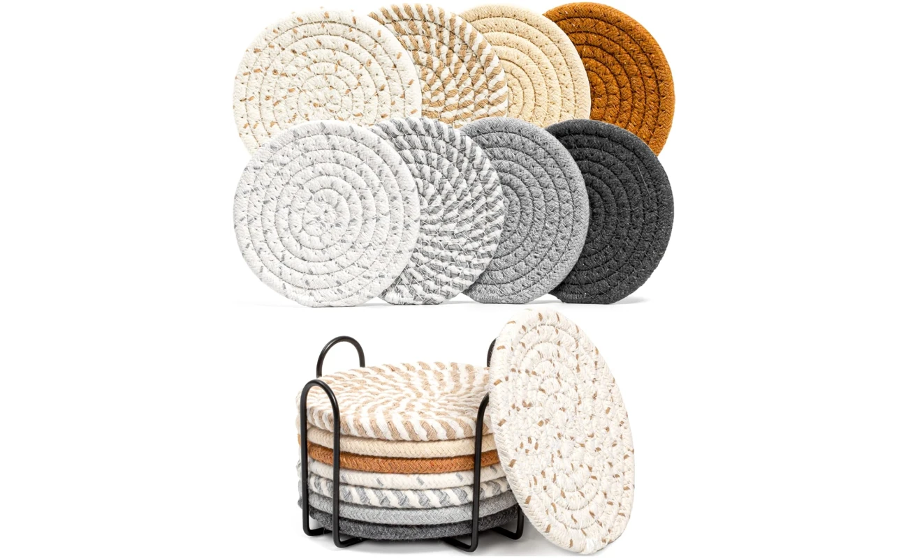 8 Pcs Drink Coasters with Holder, 8 Colors Absorbent Coasters for Drinks Minimalist Cup Coasters Cotton Coaster Set Woven Coasters for Coffee Table Home Decor Bar Housewarming...