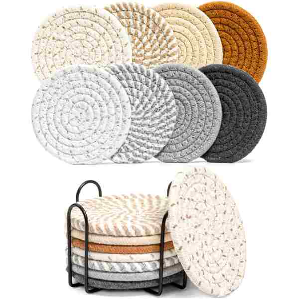 8 Pcs Drink Coasters with Holder, 8 Colors Absorbent Coasters for Drinks Minimalist Cup Coasters Cotton Coaster Set Woven Coasters for Coffee Table Home Decor Bar Housewarming...