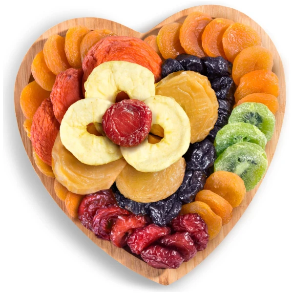 A Gift Inside Dried Fruit on Heart Bamboo Serving Tray