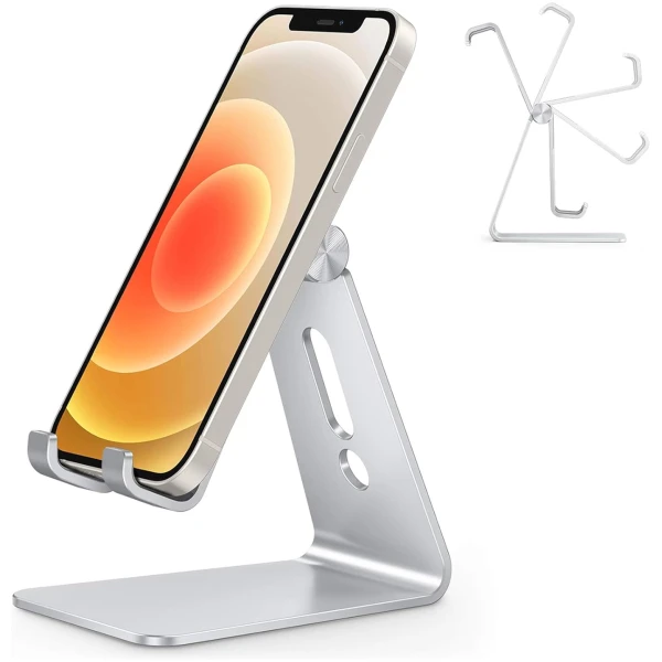 Adjustable Cell Phone Stand, OMOTON Aluminum Desktop Cellphone Stand with Anti-Slip Base and Convenient Charging Port, Fits All Smart Phones, Silver