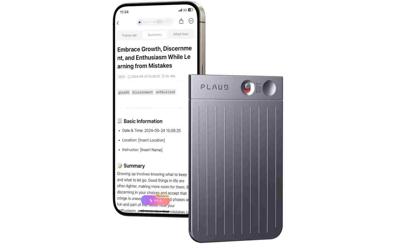 AI Voice Recorder, PLAUD Note Voice Recorder w/Case, App Control, Transcribe & Summarize with AI Technology, Support 112 Languages, 64GB Memory, Audio Recorder for Lectures,...