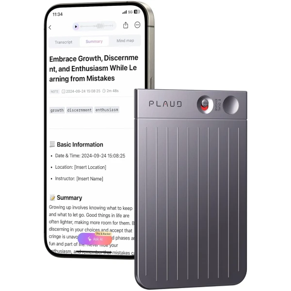 AI Voice Recorder, PLAUD Note Voice Recorder w/Case, App Control, Transcribe & Summarize with AI Technology, Support 112 Languages, 64GB Memory, Audio Recorder for Lectures,...