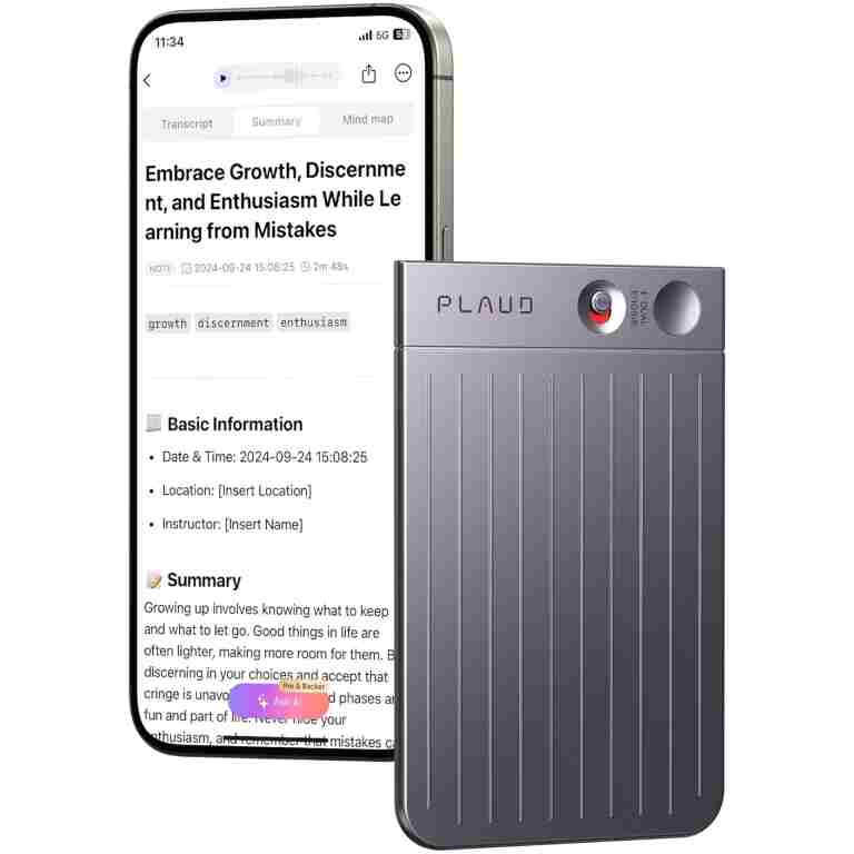AI Voice Recorder, PLAUD Note Voice Recorder w/Case, App Control, Transcribe & Summarize with AI Technology, Support 112 Languages, 64GB Memory, Audio Recorder for Lectures,...