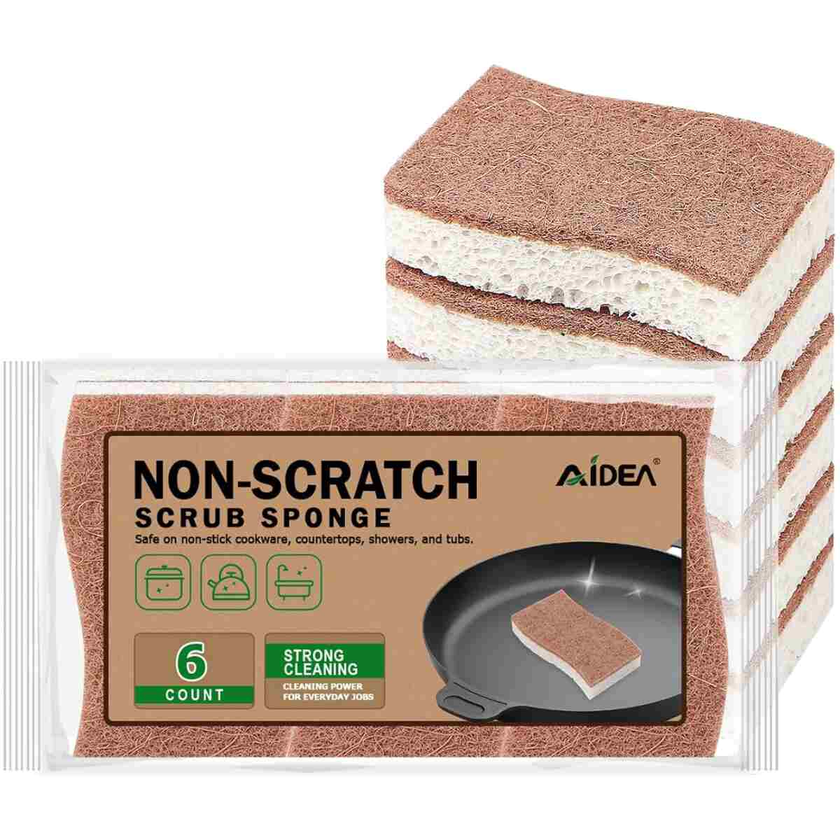 AIDEA Non Scratch Scrub Sponge, 6Count, Natural Sponge for Non Stick Cookware, Sponges Kitchen, Cellulose Sponges for Dishes, Cleaning Power for Kitchen, Bathroom, Household