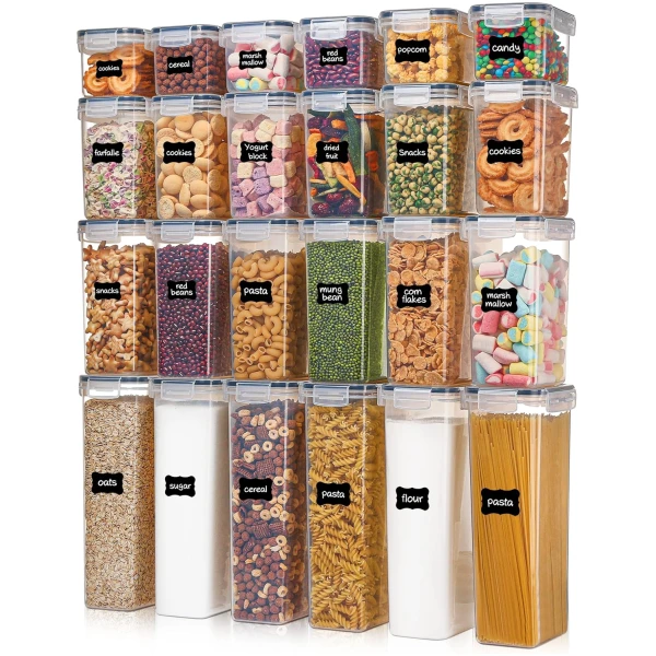 Airtight Food Storage Containers with Lids, Vtopmart 24 pcs Plastic Kitchen and Pantry Organization Canisters for Cereal, Dry Food, Flour and Sugar, BPA Free, Includes 24...