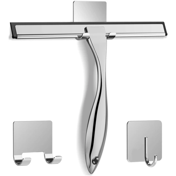 All-Purpose Stainless Steel Shower Squeegee for Shower Glass Door with 2 Adhesive Hooks, Bathroom Cleaner Tool Household Window Mirror Squeegee , Cleaning Tile Wall, Car, 10...