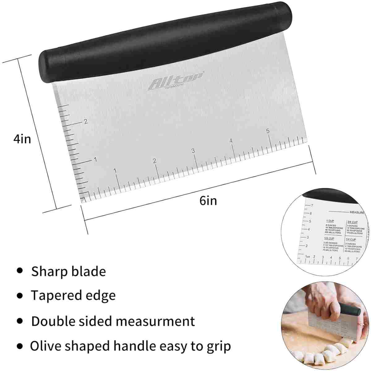 ALLTOP Bench Scraper & Chopper for Kitchen - Ideal Baking Essential Utensil,Stainless Steel Pastry/Dough/Food Cutter Tool for Cake Pizza Bread,Grilling,Cooking - 1 Pack