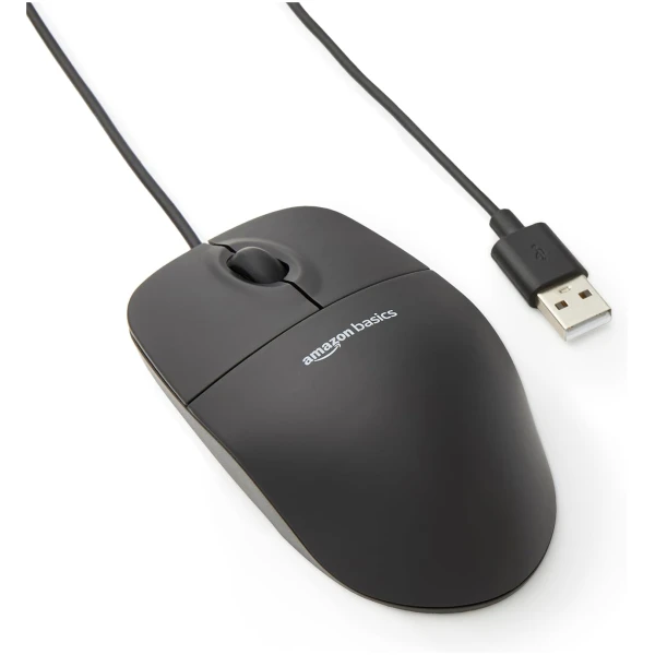Amazon Basics 3-Button USB Wired Mouse with Scrolling and Tracking - Standard, Black