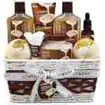 Amazon.com : Bath and Body Gift Basket For Women and Men – 9 Piece Set of Vanilla Coconut Home Spa Set, Includes Fragrant Lotions, Extra Large Bath Bombs, Coconut Oil, Luxurious...