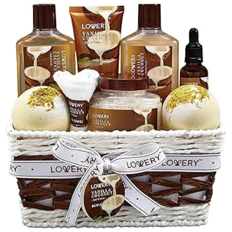 Amazon.com : Bath and Body Gift Basket For Women and Men – 9 Piece Set of Vanilla Coconut Home Spa Set, Includes Fragrant Lotions, Extra Large Bath Bombs, Coconut Oil, Luxurious...