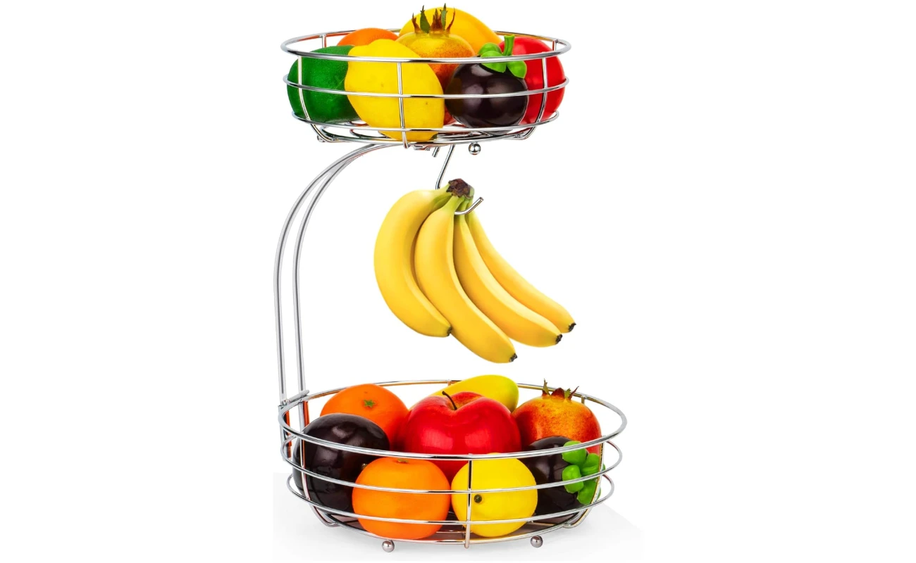 Auledio 2-Tier Countertop Fruit Vegetables Basket Bowl Storage With Banana Hanger,Chrome