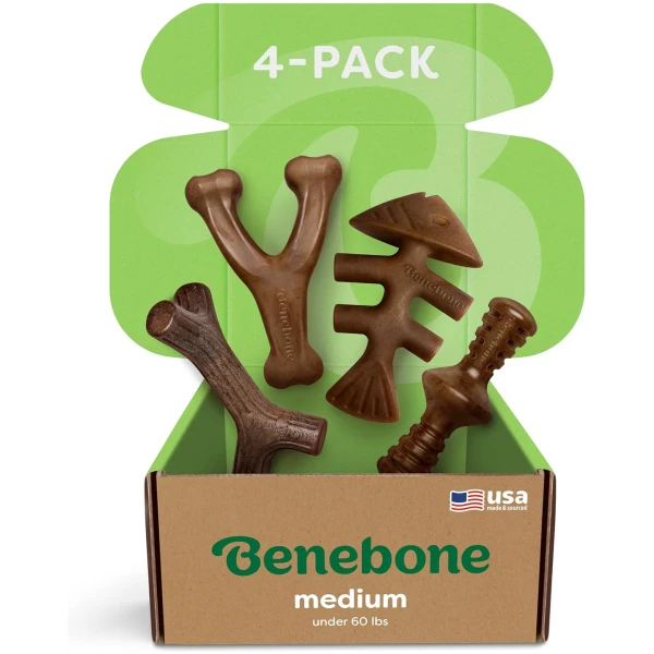 Benebone Medium 4-Pack Dog Chew Toys for Aggressive Chewers, Made in USA, 60lbs and Under