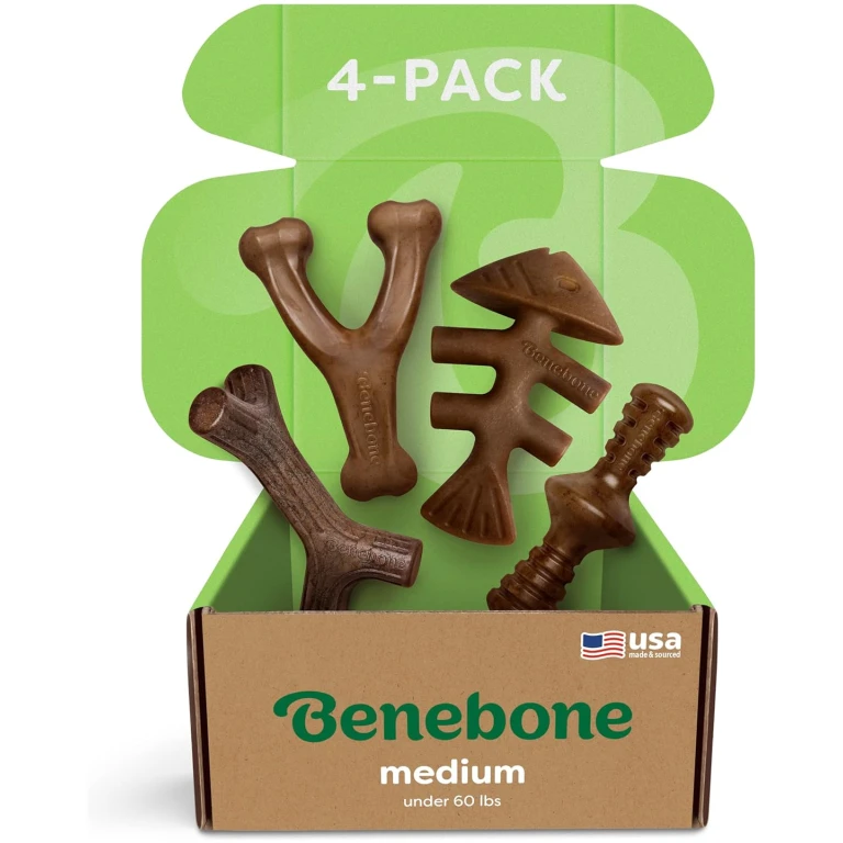 Benebone Medium 4-Pack Dog Chew Toys for Aggressive Chewers, Made in USA, 60lbs and Under