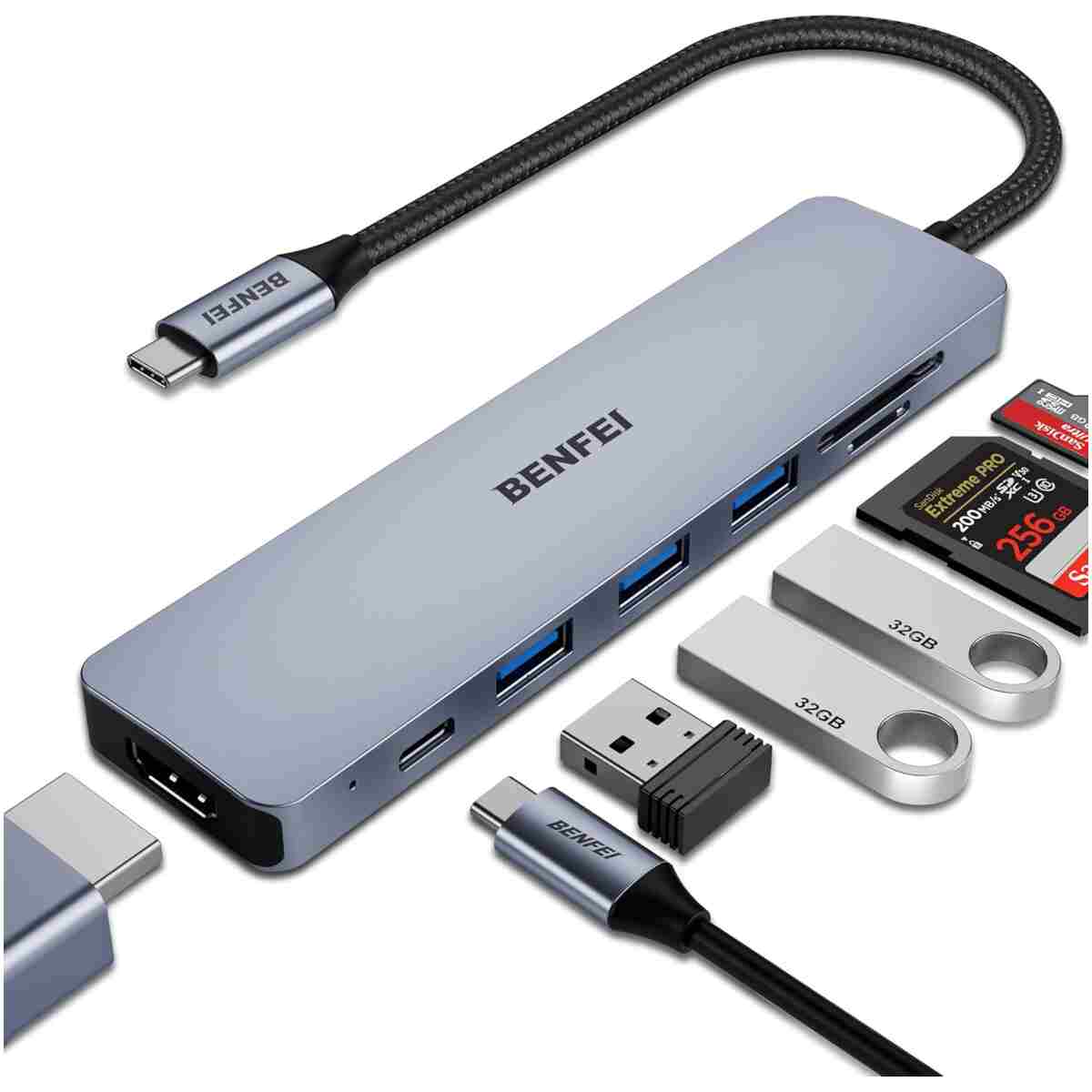 BENFEI USB C HUB 7-in-1 with HDMI(4K@60Hz,Certified), 100W Power Delivery, 3*USB 3.0, SD/TF Card Reader(160MB/s) Compatible with iPhone 15 Pro/Max, MacBook, iPad Pro, iMac, S23,...