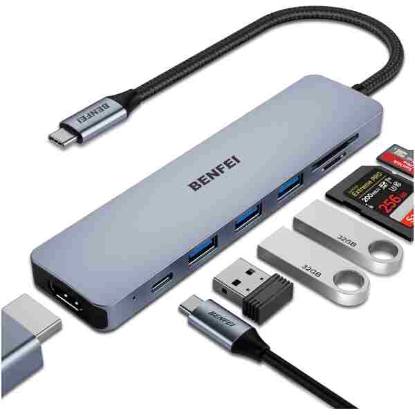 BENFEI USB C HUB 7-in-1 with HDMI(4K@60Hz,Certified), 100W Power Delivery, 3*USB 3.0, SD/TF Card Reader(160MB/s) Compatible with iPhone 15 Pro/Max, MacBook, iPad Pro, iMac, S23,...